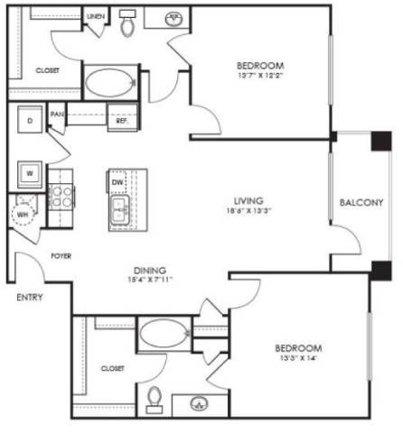 A black and white image of a floor plan for a two bedroom apartment.