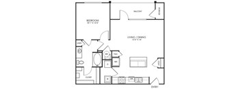 A black and white floor plan of a small apartment with a bedroom, living room, and closet.