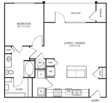 A black and white floor plan of a small apartment with a bedroom, living room, and closet.