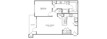 A black and white image of a floor plan for a small apartment.