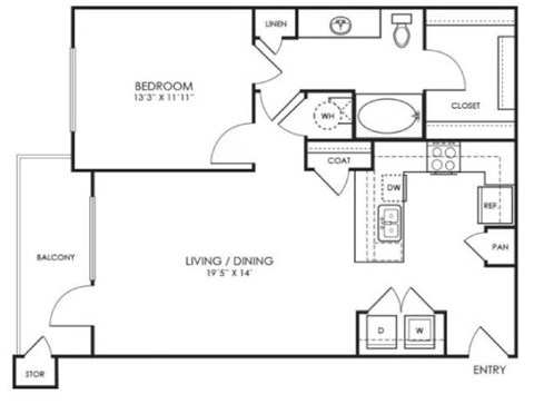 A black and white image of a floor plan for a small apartment.
