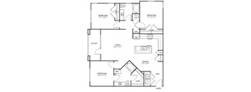 A black and white image of a house floor plan with a balcony, living room, dining room, and three bedrooms.