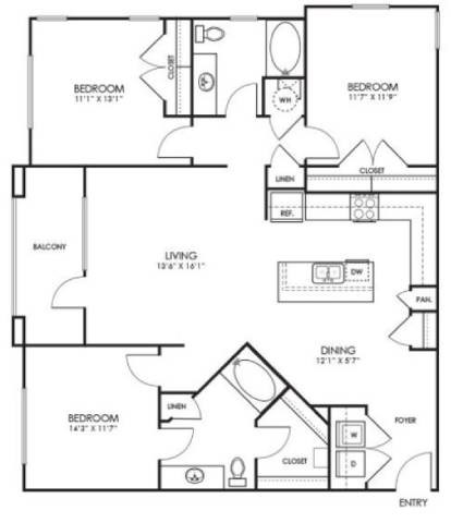 A black and white image of a house floor plan with a balcony, living room, dining room, and three bedrooms.