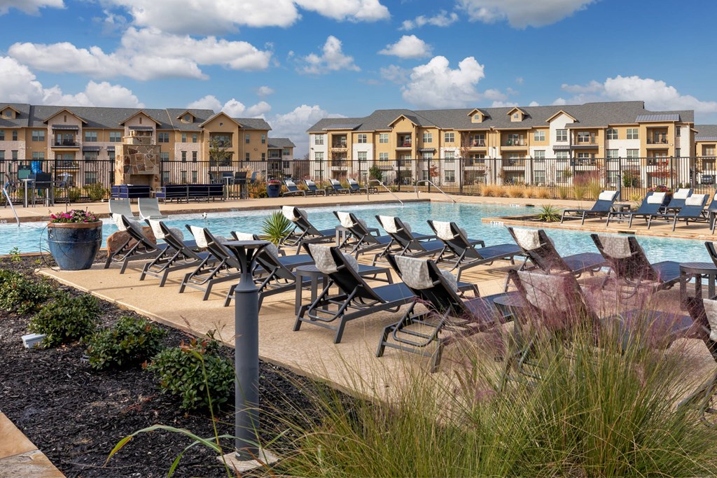 A row of sun loungers are on the edge of a pool.