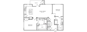 A black and white image of a house floor plan with two bedrooms, a living/dining area, and a closet.