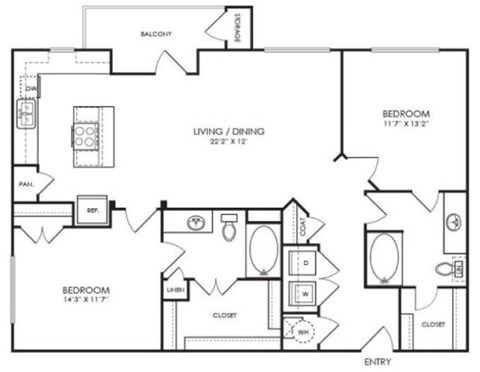 A black and white image of a house floor plan with two bedrooms, a living/dining area, and a closet.