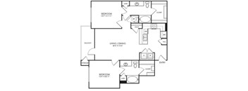 A black and white image of a house floor plan with three bedrooms.