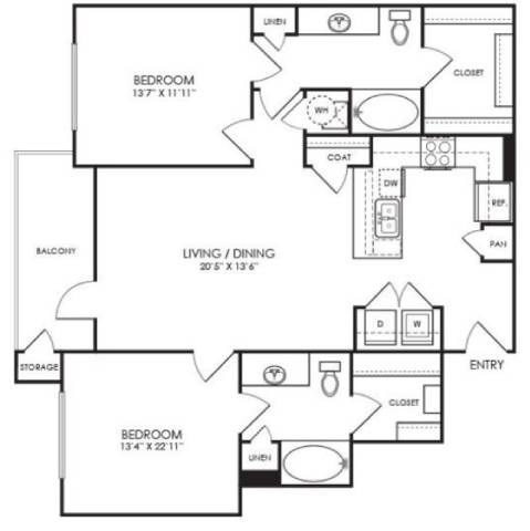 A black and white image of a house floor plan with three bedrooms.