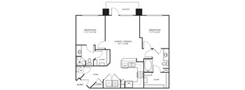 A black and white image of a house floor plan with two bedrooms, a living/dining area, a cloakroom, a pantry, a WC, a shower, a porch, and an entry.