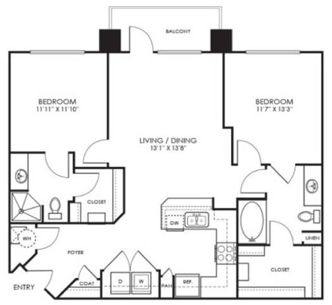 A black and white image of a house floor plan with two bedrooms, a living/dining area, a cloakroom, a pantry, a WC, a shower, a porch, and an entry.