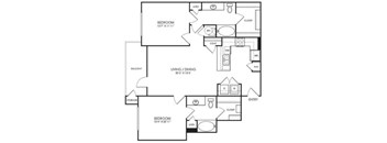 A black and white image of a floor plan for a two bedroom apartment.