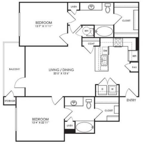 A black and white image of a floor plan for a two bedroom apartment.