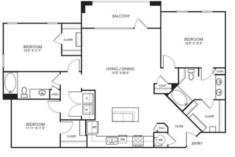 A floor plan of a house with three bedrooms, a living room, a dining room, a salon, and an entry.