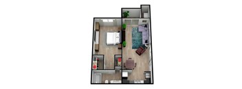 A top down view of a small apartment with a bedroom, living room, and kitchen.