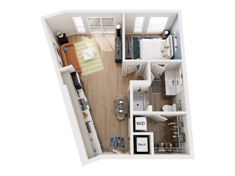 A top down view of a small apartment with a kitchen, living room, and bathroom.