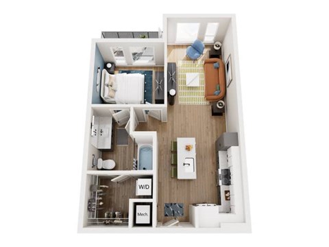 A top down view of a small apartment with a bedroom, living room, and kitchen.