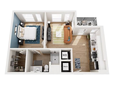 A top down view of a small apartment with a bedroom, living room, and kitchen.