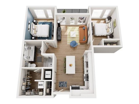 A top down view of a small apartment with a kitchen, living room, and two bedrooms.