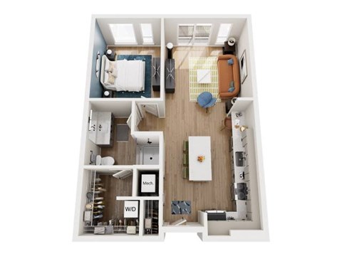 A top down view of a small apartment with a kitchen, living room, and bathroom.