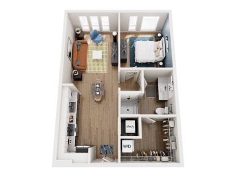 A floor plan of a small apartment with a kitchen, living room, and bathroom.