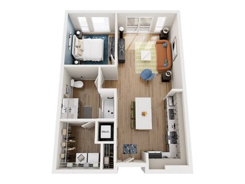 A top down view of a small apartment with a bedroom, living room, and kitchen.
