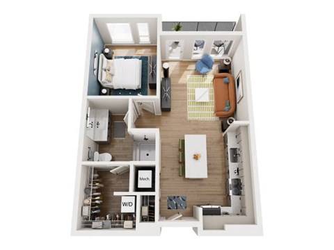 A top-down view of a small apartment with a kitchen, living room, and bathroom.