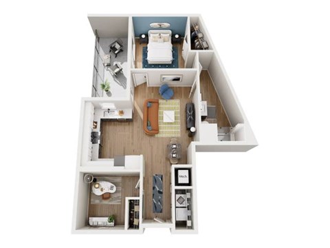 A top down view of a small apartment with a kitchen, living room, and bedroom.