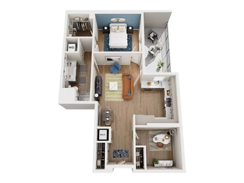 A top-down view of a small apartment with a kitchen, living room, and bedroom.