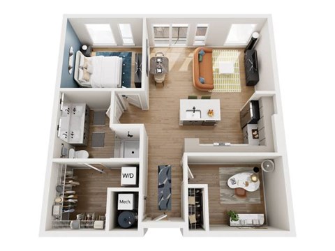 A floor plan of a small apartment with a bedroom, living room, kitchen, and bathroom.