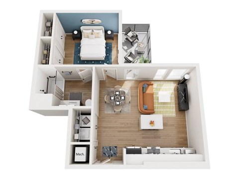 A top-down view of a modern apartment with a bedroom, living room, and kitchen.