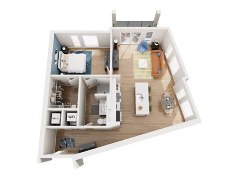 A top-down view of a small apartment with a bedroom, living room, and kitchen.
