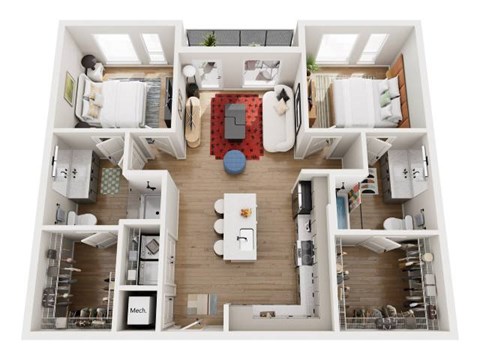 A top-down view of a modern apartment with a kitchen, living room, and bedrooms.