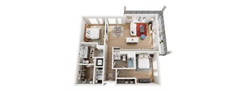 A top-down view of a small apartment with a kitchen, living room, and bathroom.