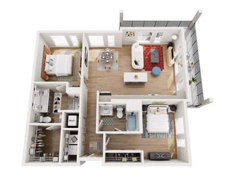 A top-down view of a small apartment with a kitchen, living room, and bathroom.