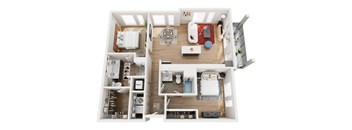 A top-down view of a small apartment with a kitchen, living room, and bedroom.