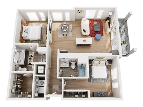 A top-down view of a small apartment with a kitchen, living room, and bedroom.