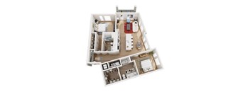 A top-down view of a house layout with a living room, kitchen, and two bedrooms.
