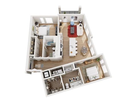 A top-down view of a house layout with a living room, kitchen, and two bedrooms.