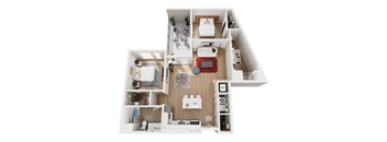 A top-down view of a small apartment with a kitchen, living room, and bedroom.