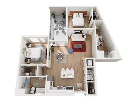 A top-down view of a small apartment with a kitchen, living room, and bedroom.