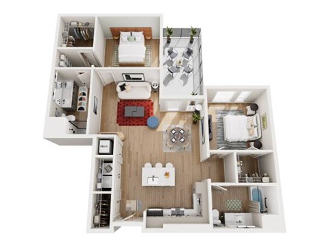 A top-down view of a house layout with a kitchen, living room, dining room, and bedrooms.