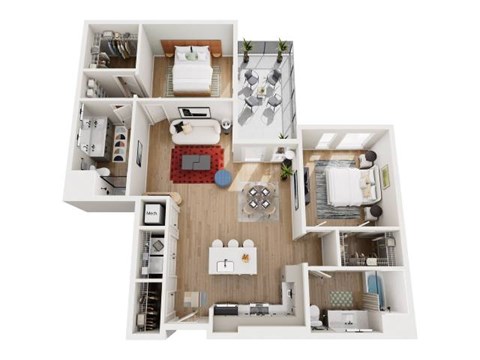 A top-down view of a small apartment with a kitchen, living room, and bedroom.