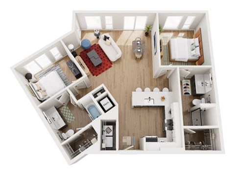 A top-down view of a small apartment with a kitchen, living room, and bedroom.