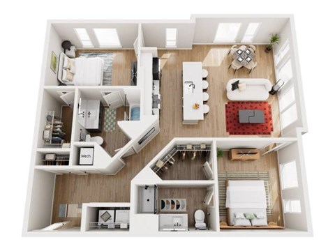 A top-down view of a small apartment with a kitchen, living room, and bedroom.