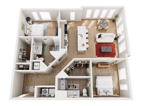A top-down view of a small apartment with a kitchen, living room, and bedroom.