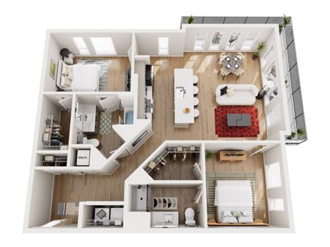 A top-down view of a small apartment with a kitchen, living room, and bedroom.