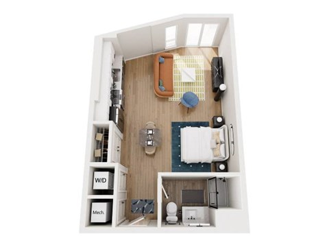 A small room with a bed, desk, and shelves.