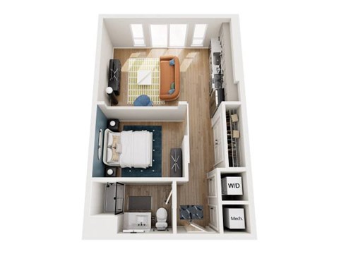 A top down view of a small apartment with a bed, a couch, a table, and a kitchenette.