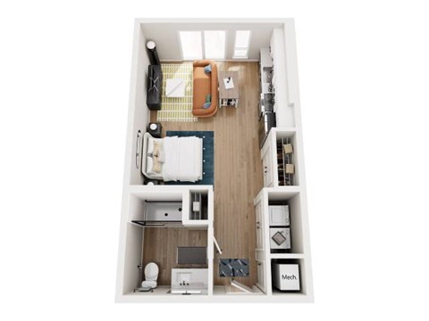 A top down view of a small apartment with a kitchen, living room and bathroom.