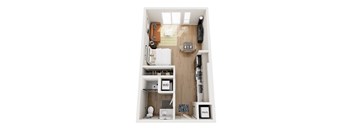 A top down view of a small apartment with a kitchen, living room, and bathroom.